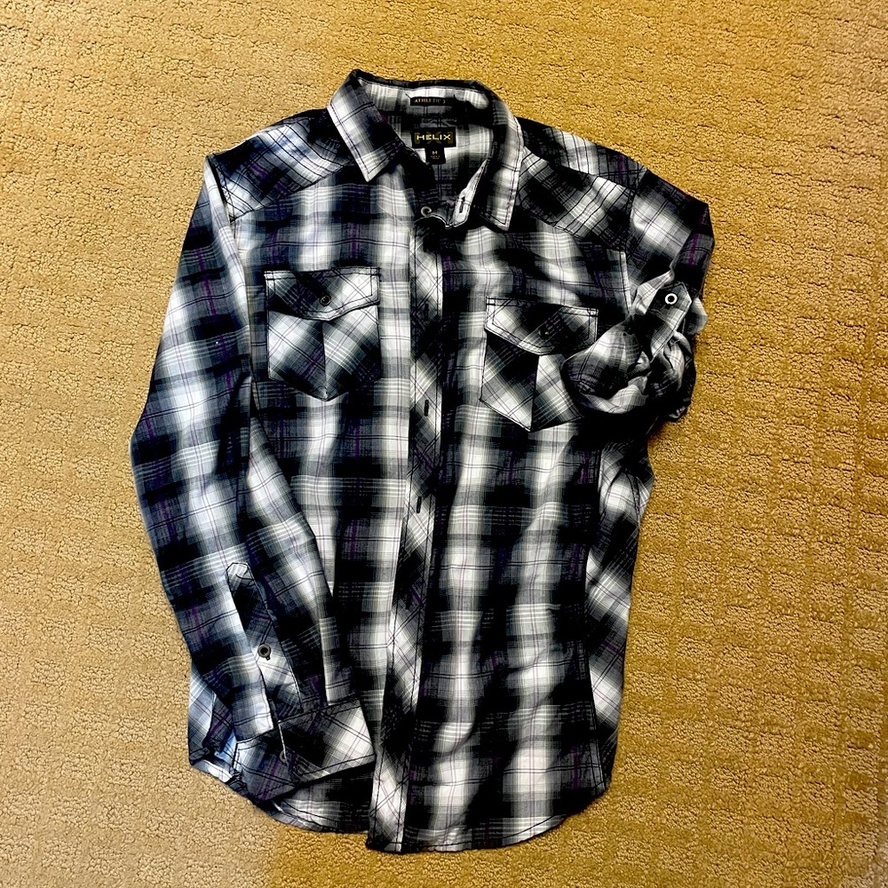 Medium, Helix long sleeve, mens button down plaid shirt